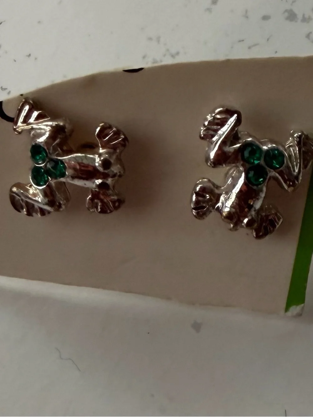 Silver Frog Stud Earrings with Green Gem Details - Kids Accessories